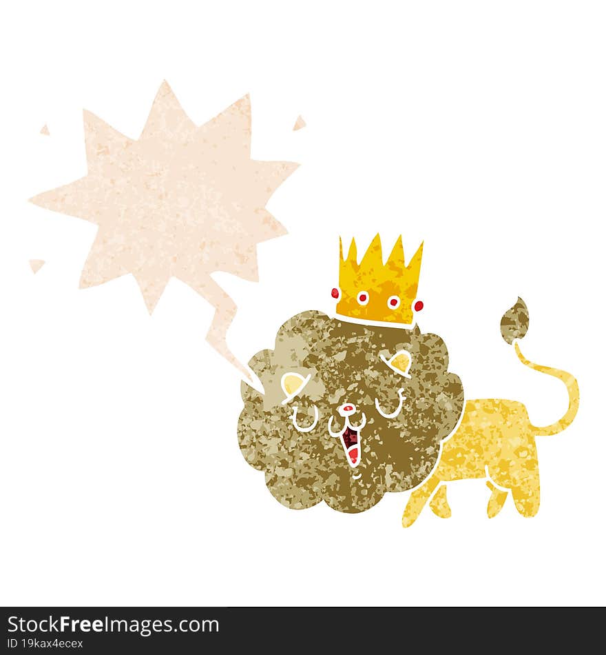 cartoon lion with crown and speech bubble in retro textured style