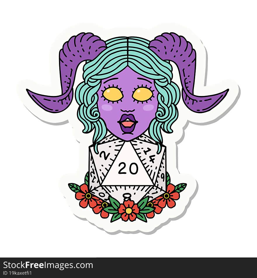 sticker of a tiefling with natural twenty dice roll. sticker of a tiefling with natural twenty dice roll