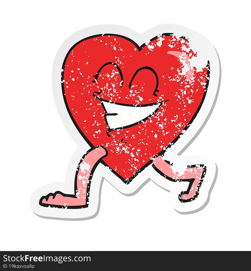 retro distressed sticker of a cartoon walking heart