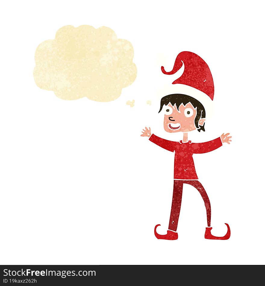 Cartoon Excited Christmas Elf With Thought Bubble