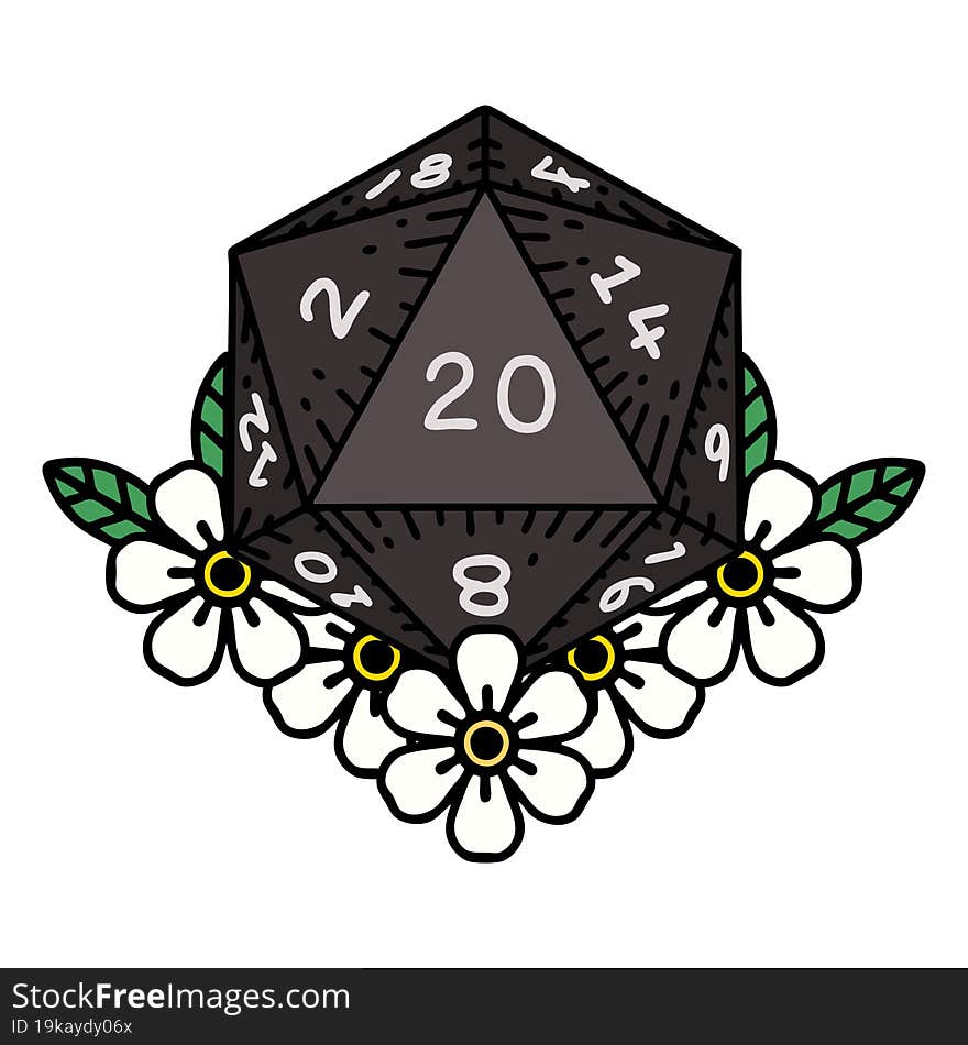 Natural 20 D20 Dice Roll With Floral Elements Illustration