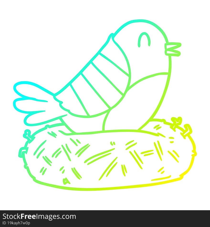 cold gradient line drawing of a cartoon bird sitting on nest