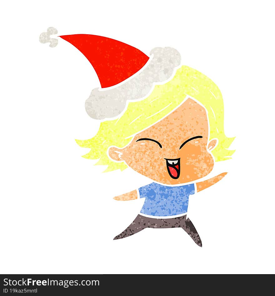 happy retro cartoon of a girl wearing santa hat