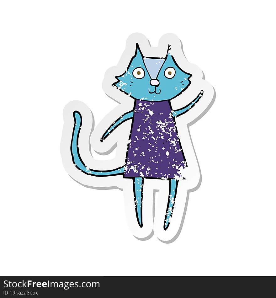 retro distressed sticker of a cute cartoon black cat waving