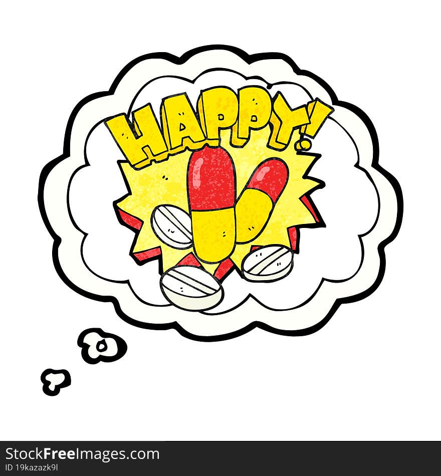 freehand drawn thought bubble textured cartoon happy pills