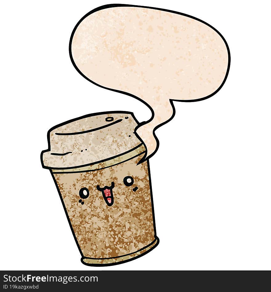 cartoon take out coffee with speech bubble in retro texture style