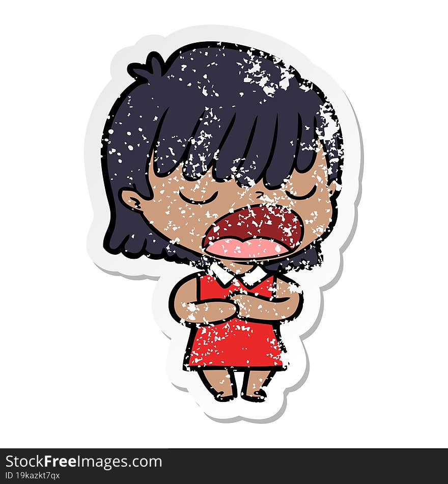 distressed sticker of a cartoon woman talking loudly