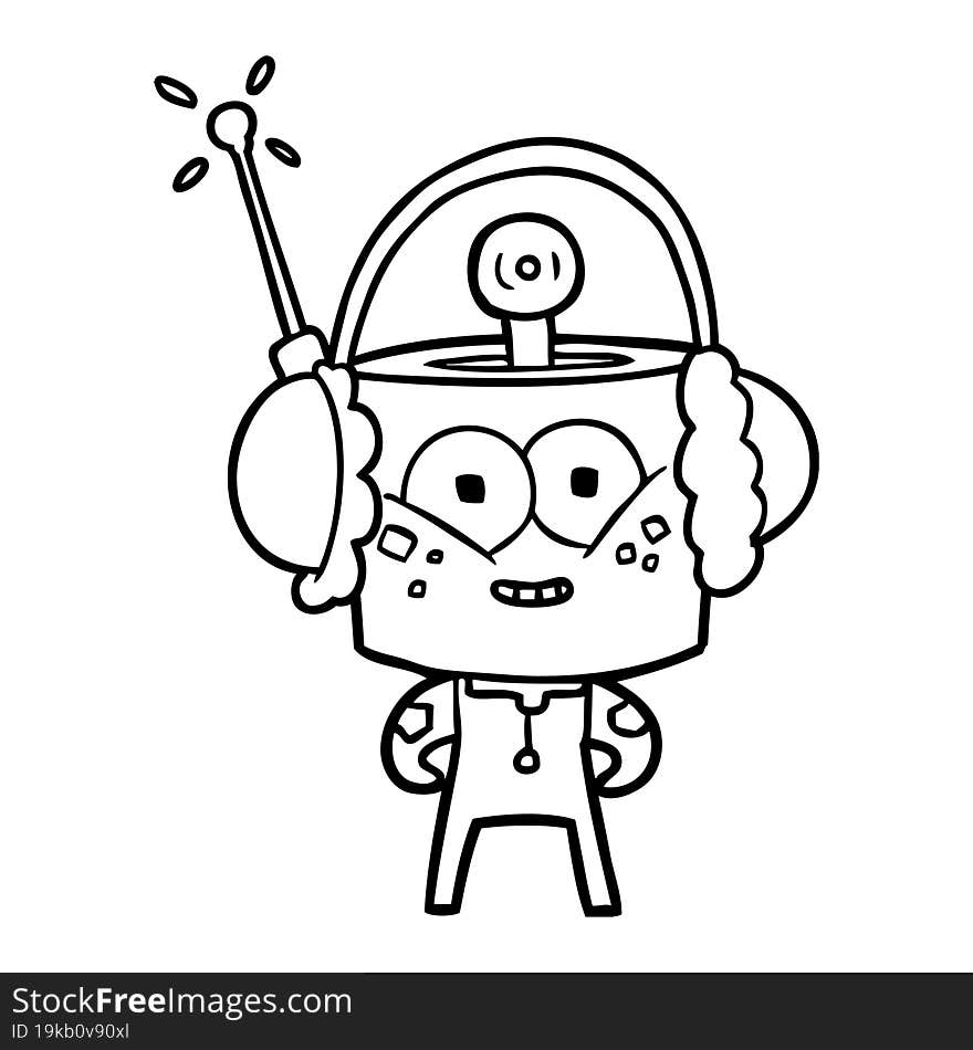 happy cartoon robot wearing headphones. happy cartoon robot wearing headphones