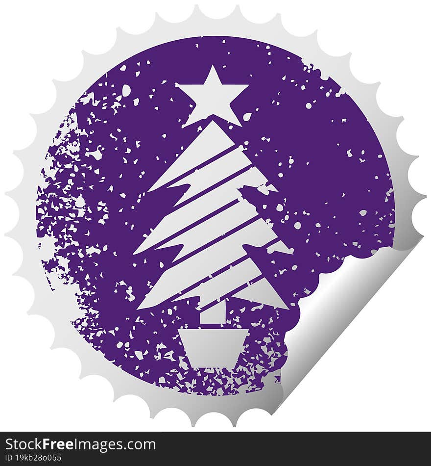 distressed circular peeling sticker symbol of a christmas tree