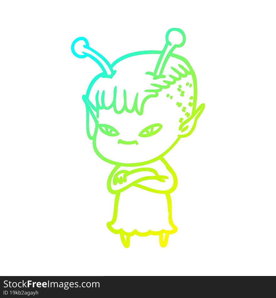 cold gradient line drawing of a cute cartoon alien girl