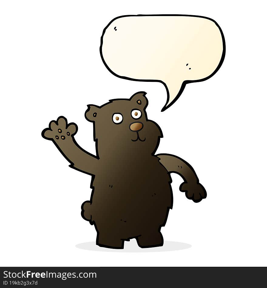 cartoon waving black bear with speech bubble