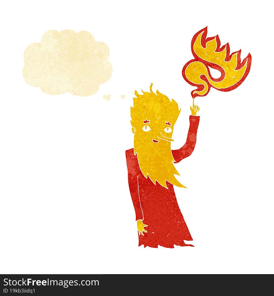 cartoon fire spirit with thought bubble