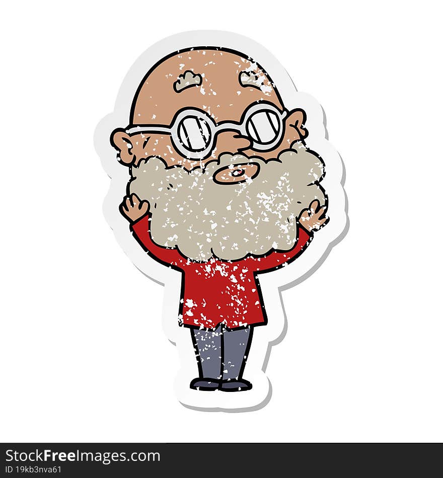 distressed sticker of a cartoon curious man with beard and glasses