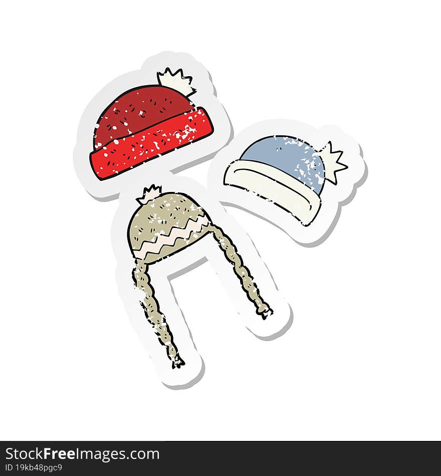 Retro Distressed Sticker Of A Cartoon Winter Hats