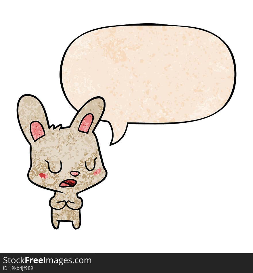 cartoon rabbit talking with speech bubble in retro texture style