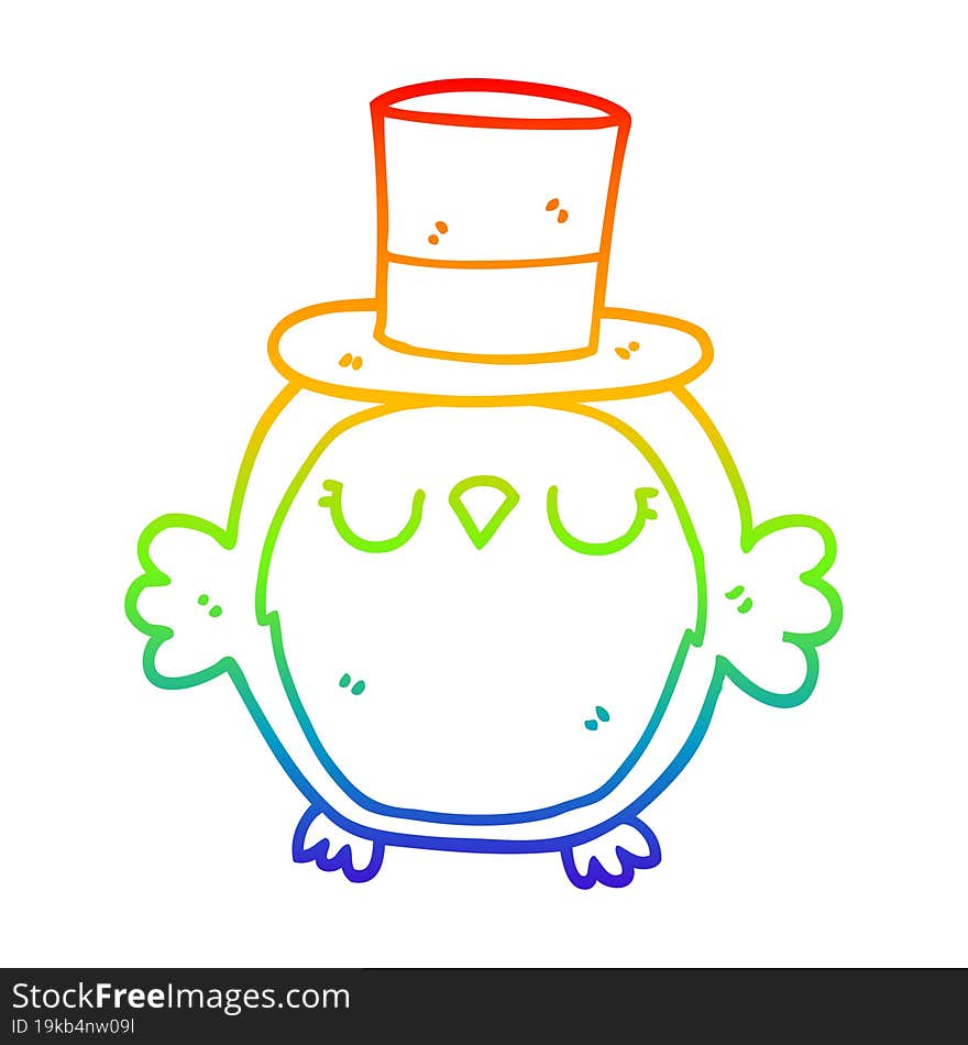 rainbow gradient line drawing cartoon owl wearing top hat