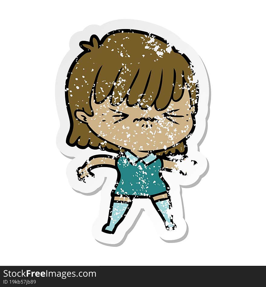 distressed sticker of a annoyed cartoon girl