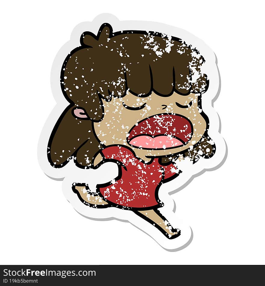 distressed sticker of a cartoon woman talking loudly