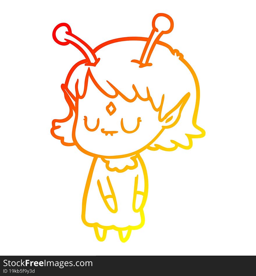 warm gradient line drawing of a cartoon alien girl