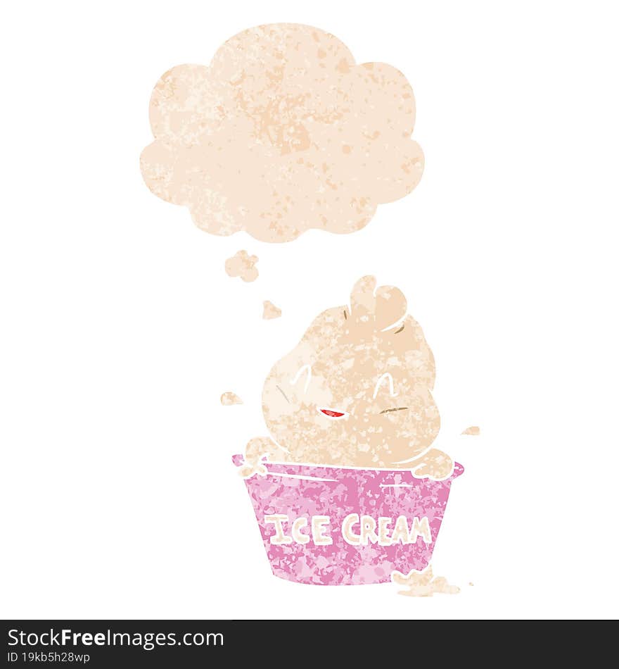 Cute Cartoon Ice Cream And Thought Bubble In Retro Textured Style