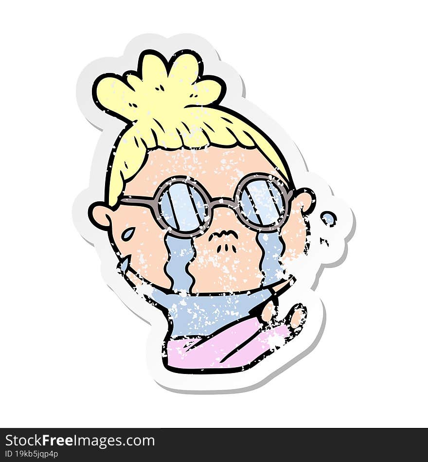 distressed sticker of a cartoon crying woman wearing spectacles