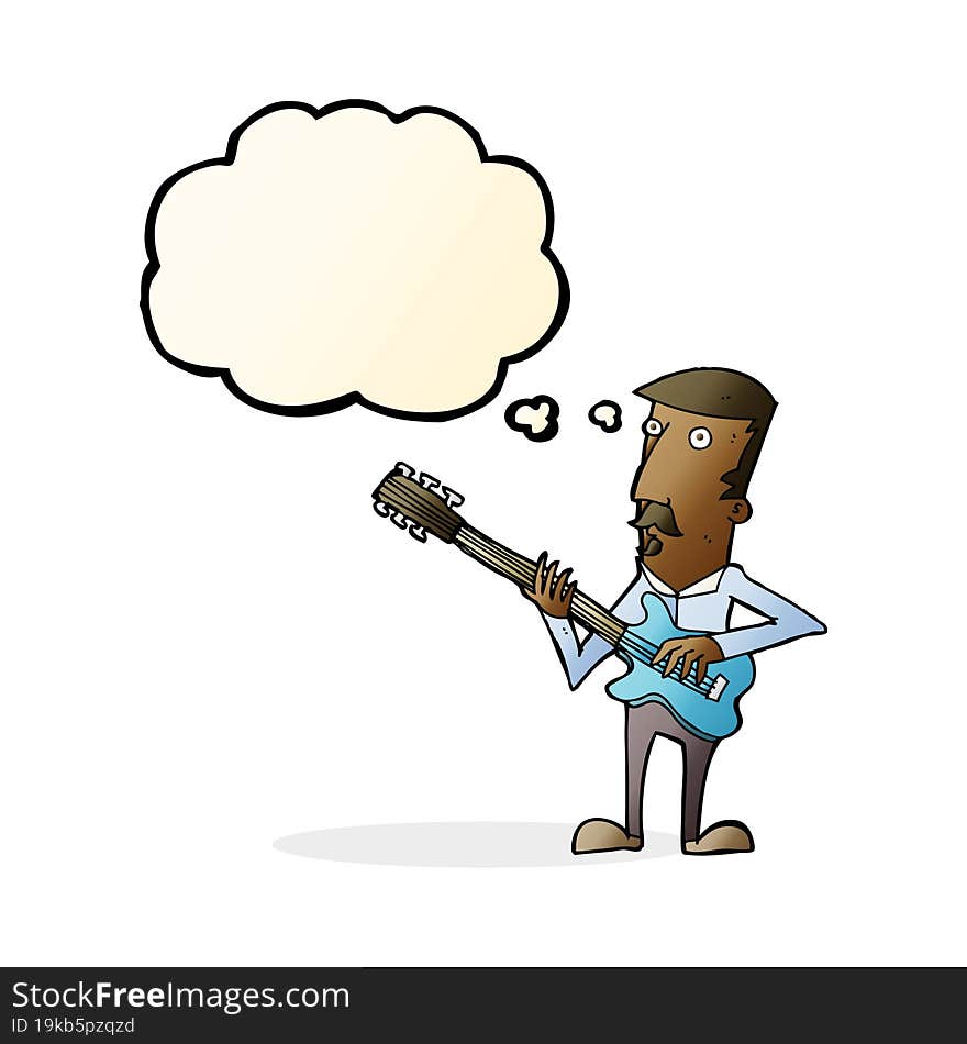 cartoon man playing electric guitar with thought bubble