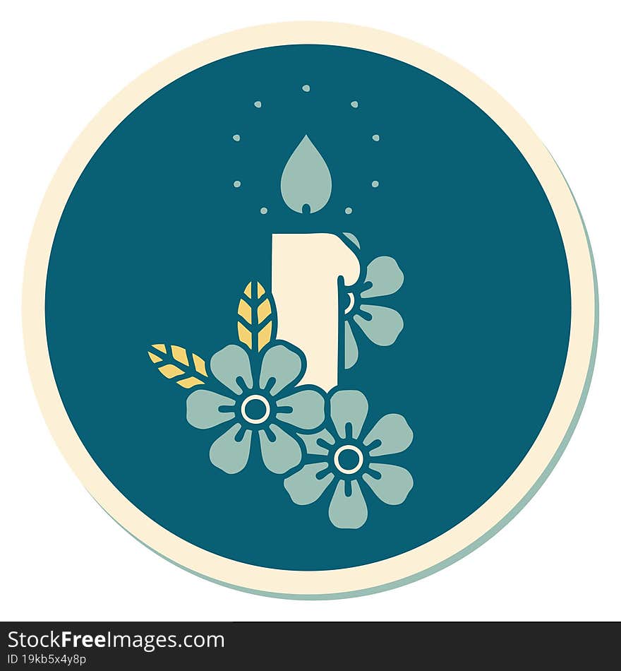 tattoo style sticker of a candle and flowers