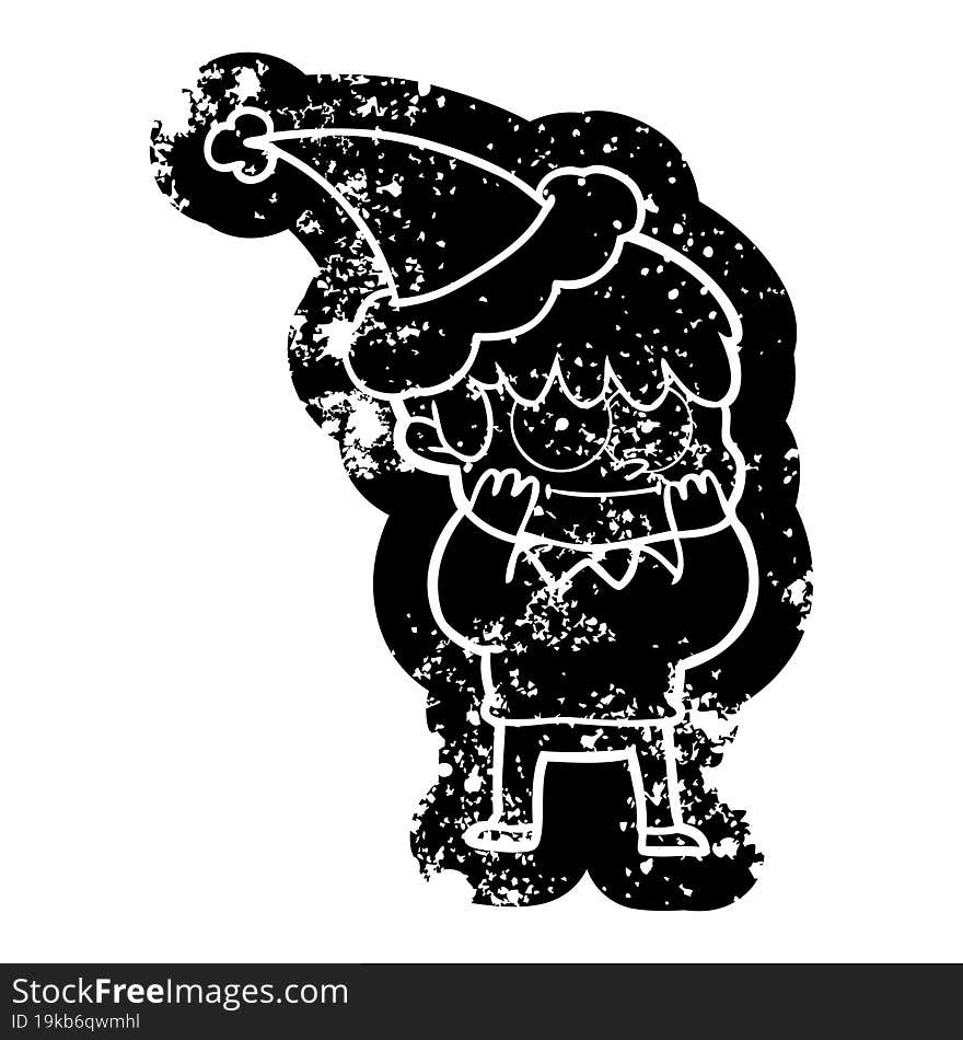 Happy Cartoon Distressed Icon Of A Man Wearing Santa Hat