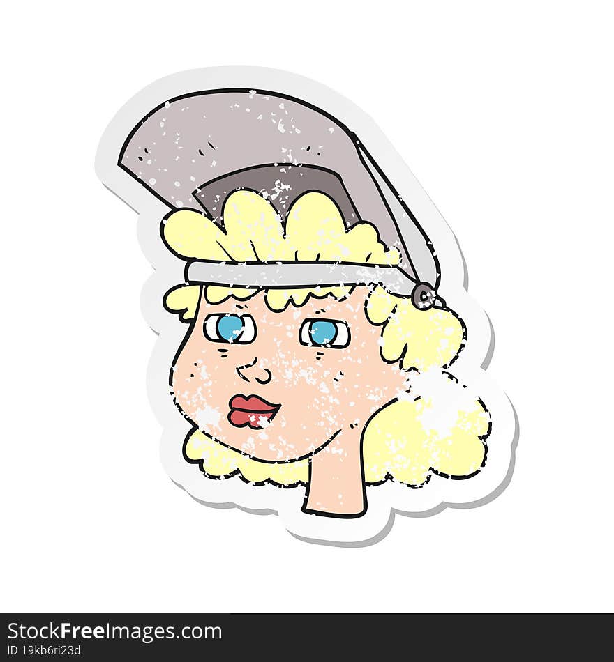 Retro Distressed Sticker Of A Cartoon Woman With Welding Mask