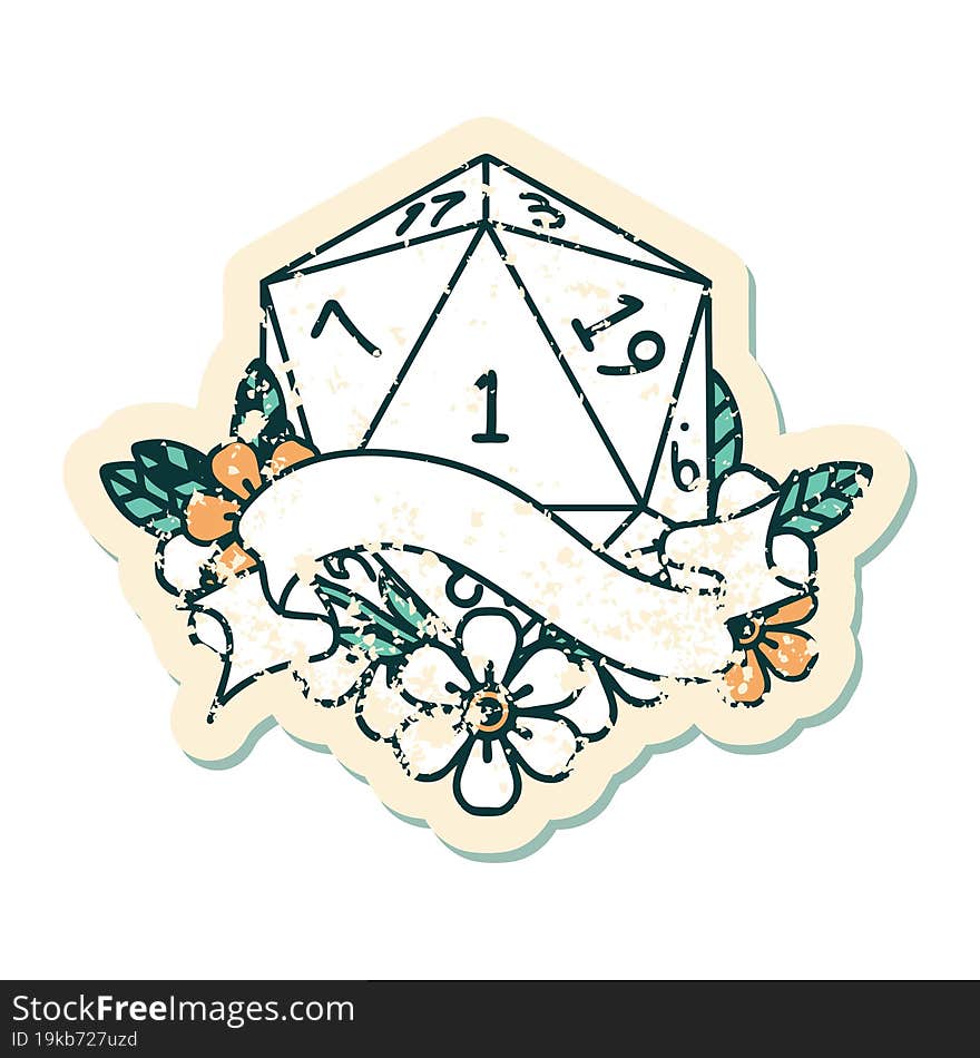 Retro Tattoo Style natural one d20 dice roll. Retro Tattoo Style natural one d20 dice roll