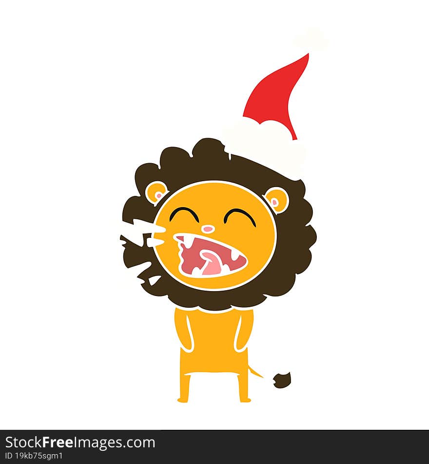 Flat Color Illustration Of A Roaring Lion Wearing Santa Hat