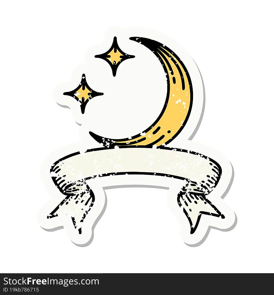 Grunge Sticker With Banner Of A Moon And Stars