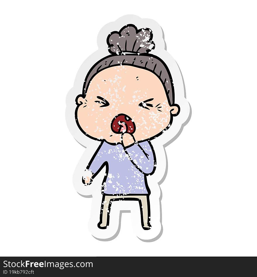 Distressed Sticker Of A Cartoon Angry Old Woman