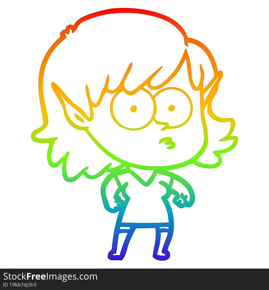 Rainbow Gradient Line Drawing Cartoon Elf Girl Staring