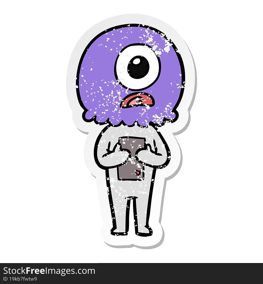 distressed sticker of a cartoon cyclops alien spaceman