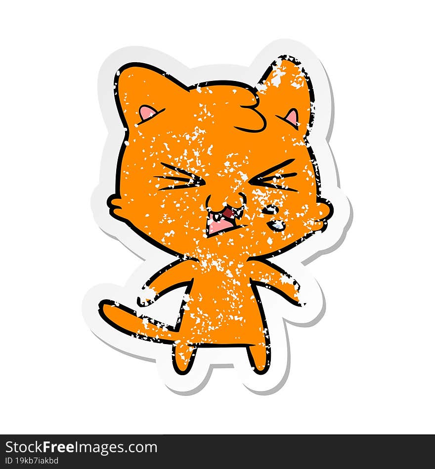 distressed sticker of a cartoon hissing cat