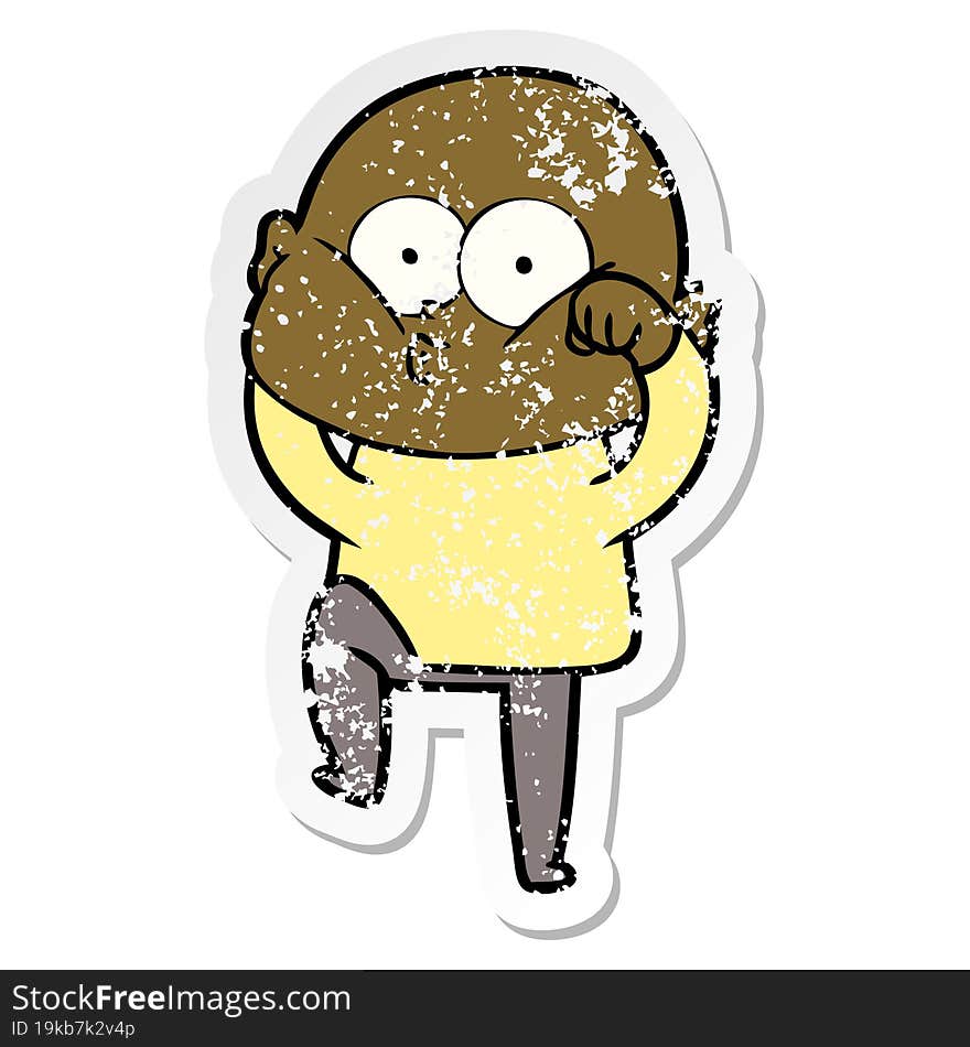 distressed sticker of a cartoon bald man staring