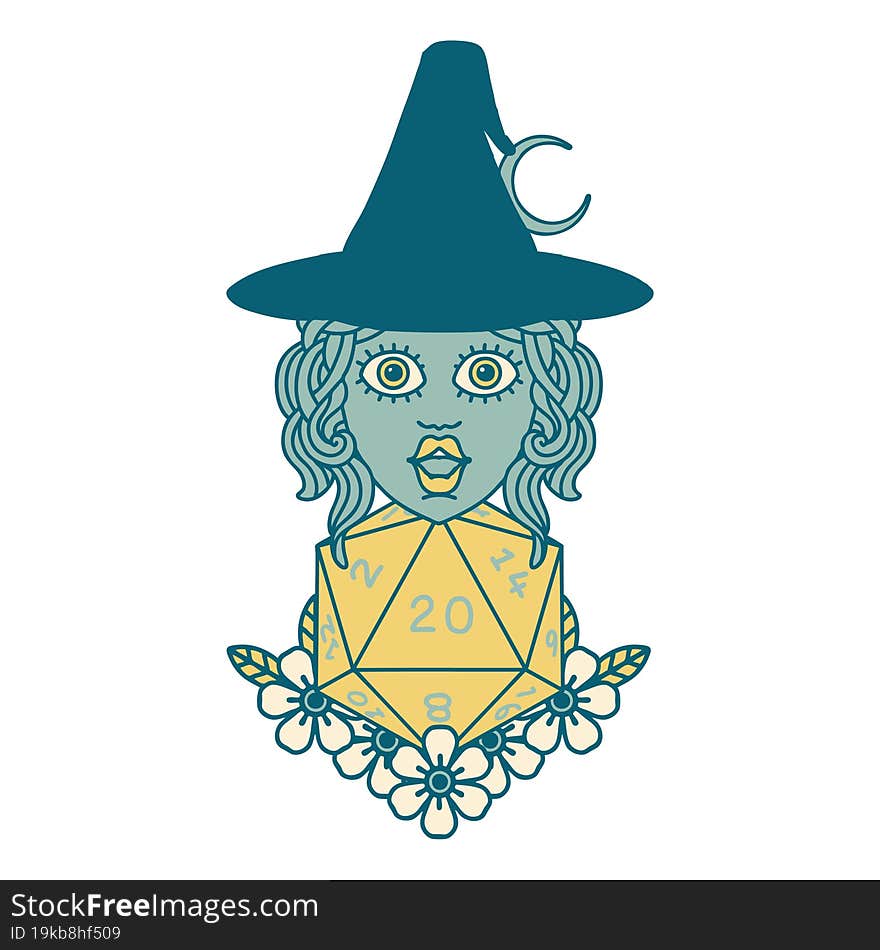 Human Witch With Natural Twenty Dice Roll Illustration