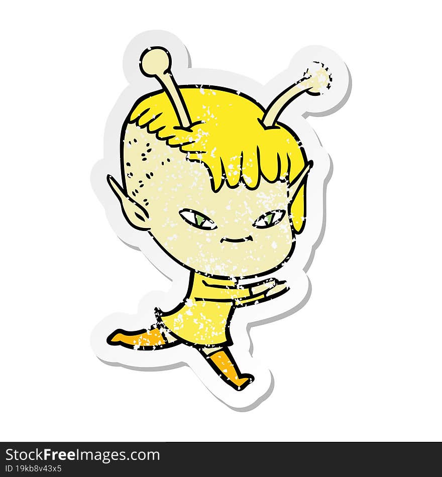 distressed sticker of a cute cartoon alien girl