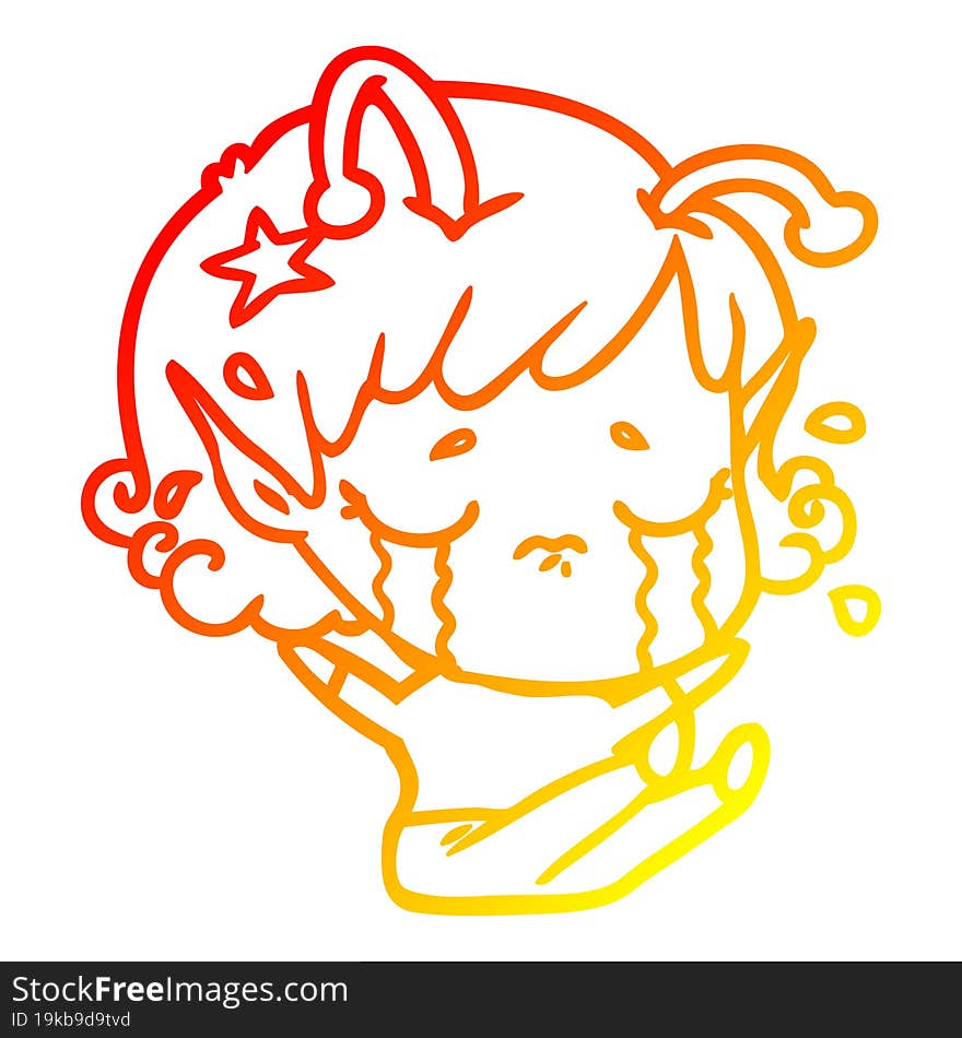 warm gradient line drawing of a cartoon crying alien girl