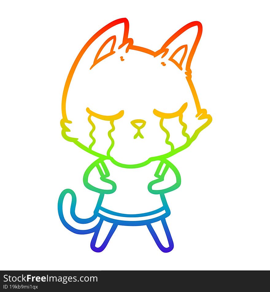 Rainbow Gradient Line Drawing Crying Cartoon Cat