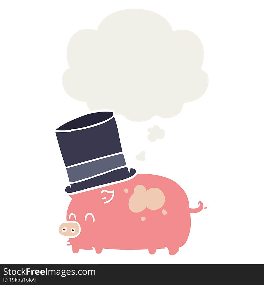 cartoon pig wearing top hat and thought bubble in retro style