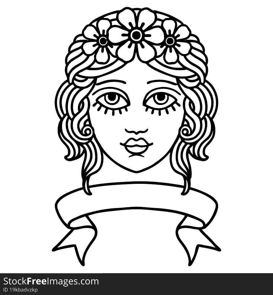 black linework tattoo with banner of female face with crown of flowers