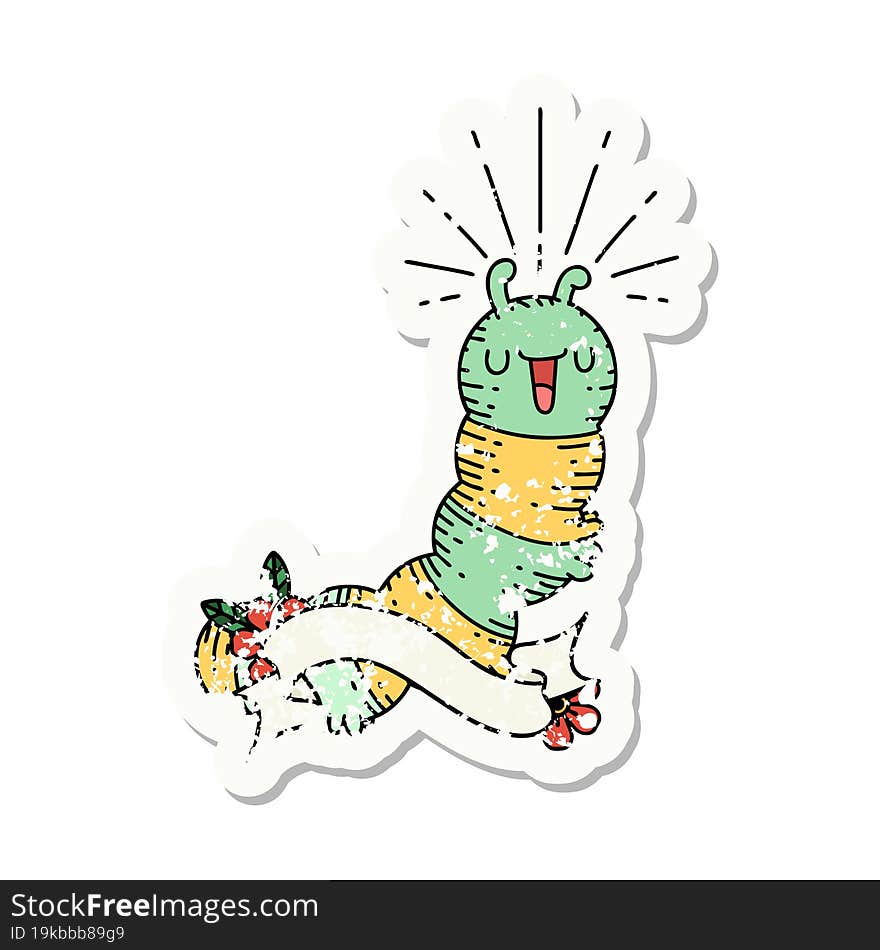 Grunge Sticker Of Tattoo Style Happy Caterpillar