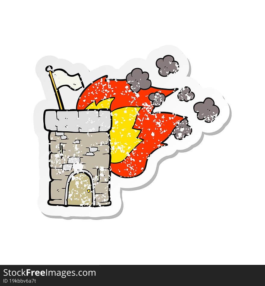 Retro Distressed Sticker Of A Cartoon Burning Castle Tower