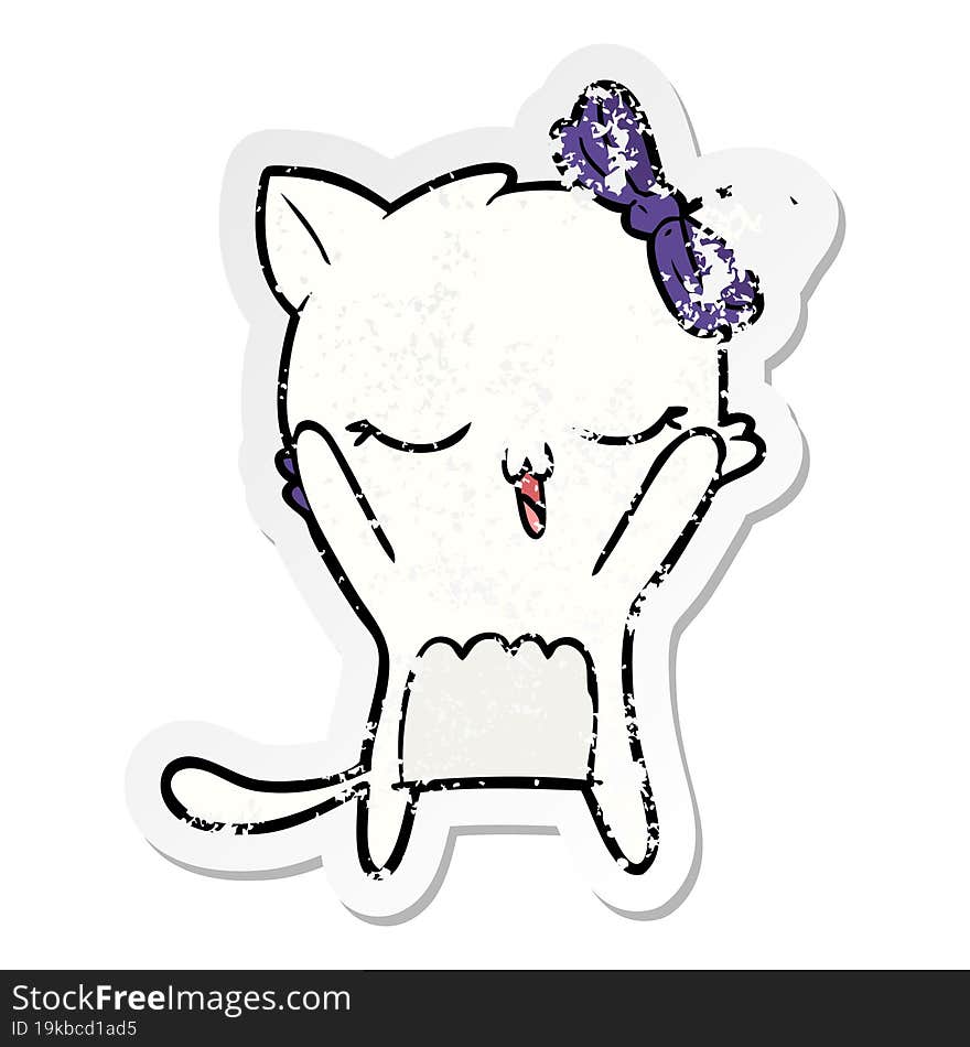 Distressed Sticker Of A Cartoon Cat With Bow On Head