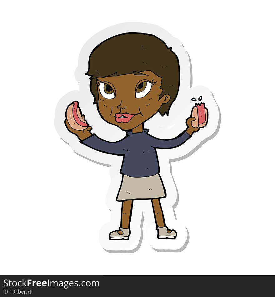 sticker of a cartoon woman eating hotdogs