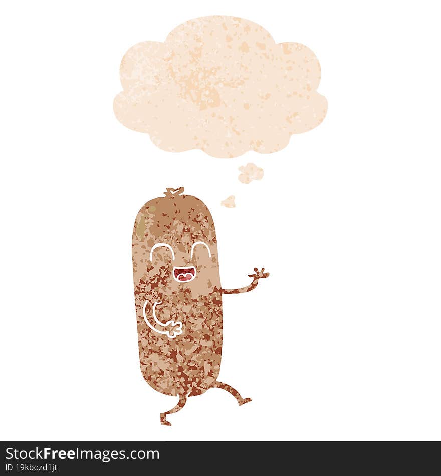 cartoon dancing sausage and thought bubble in retro textured style