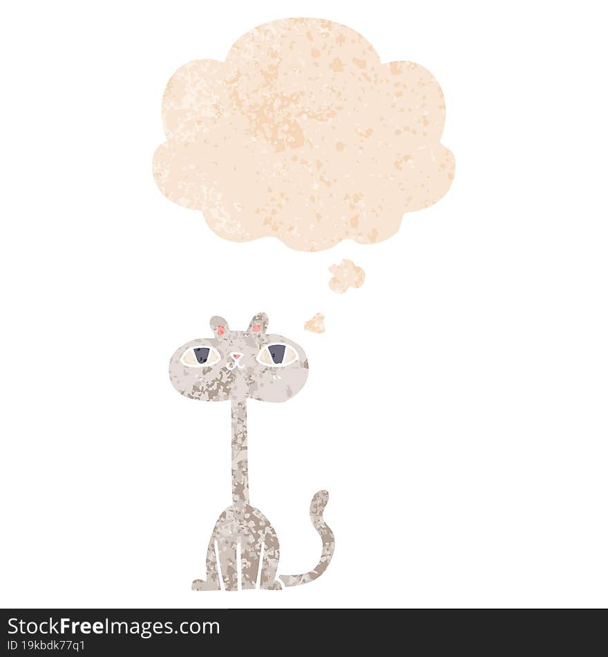 cartoon cat with thought bubble in grunge distressed retro textured style. cartoon cat with thought bubble in grunge distressed retro textured style