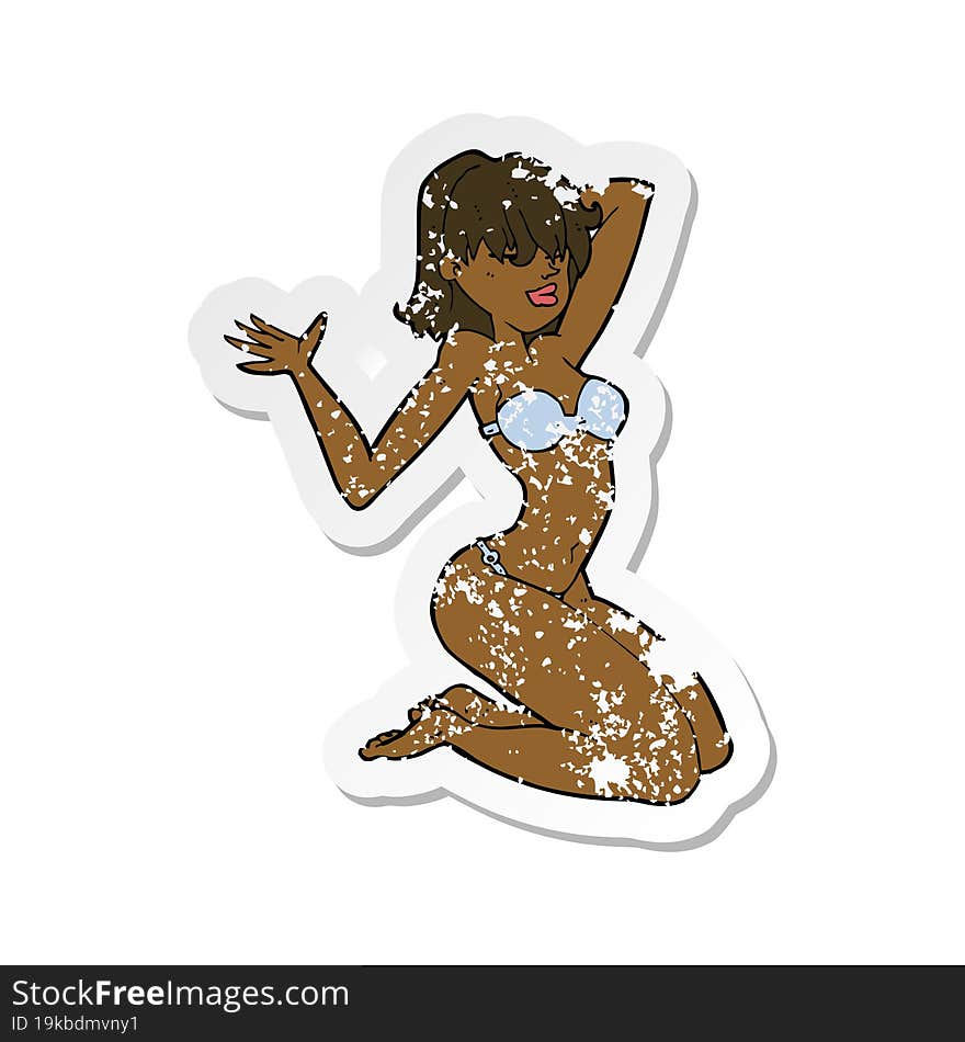 retro distressed sticker of a cartoon sexy bikini girl